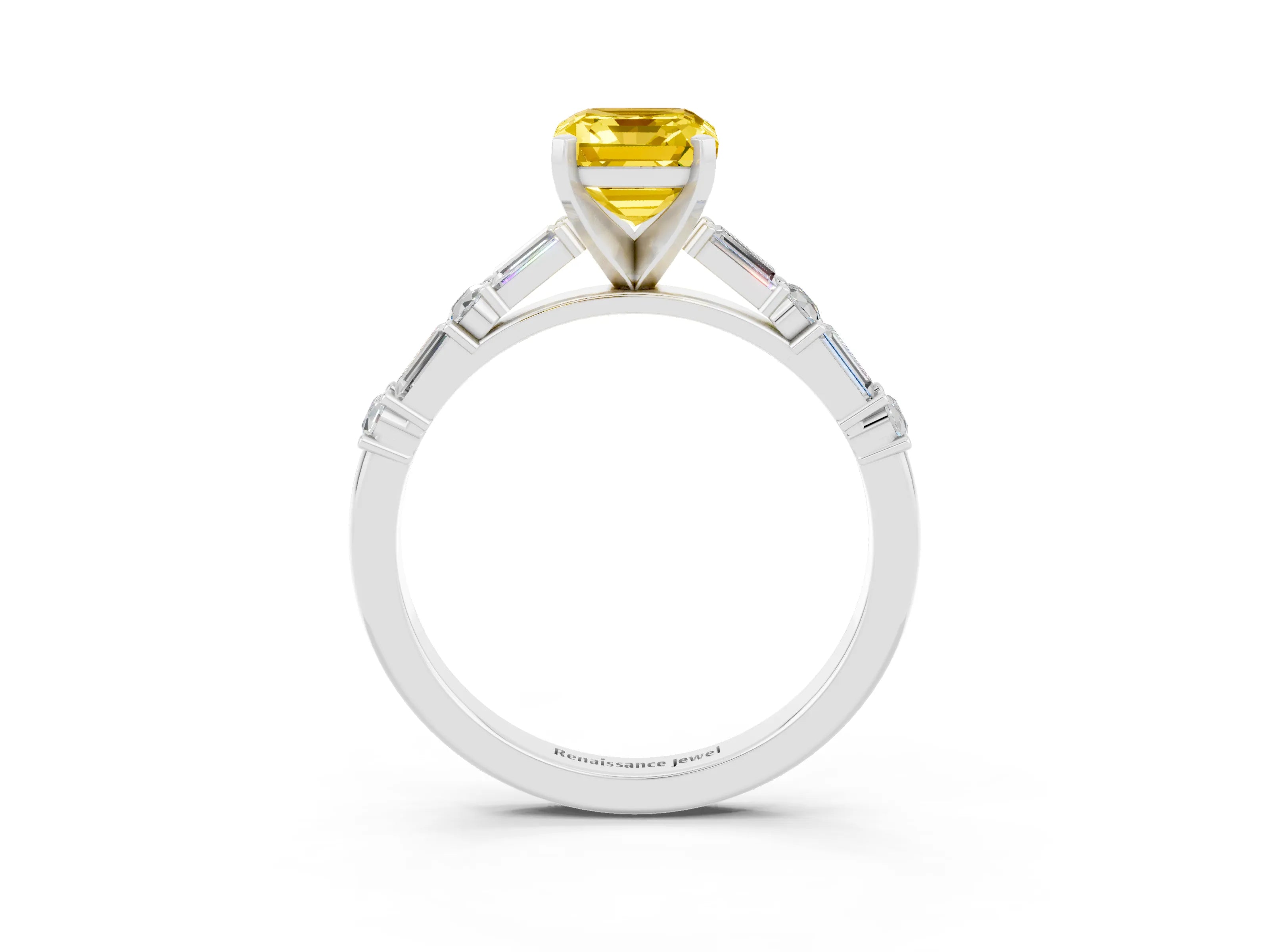 White gold Emerald Cut Yellow Sapphire Solitaire with Side Baguettes and Channel Set Band_27