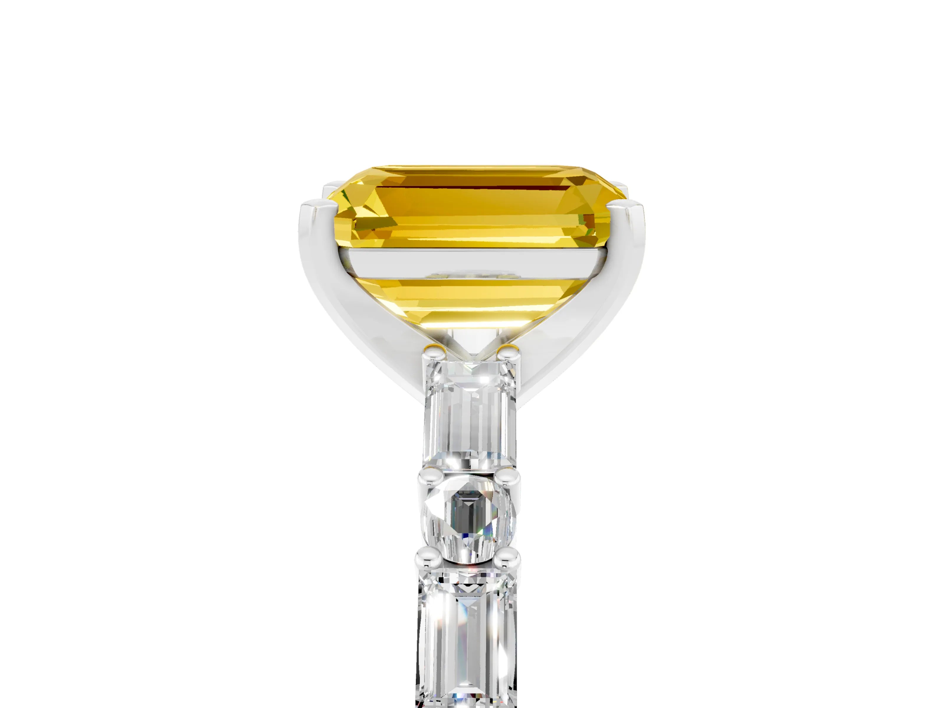 White gold Emerald Cut Yellow Sapphire Solitaire with Side Baguettes and Channel Set Band_29