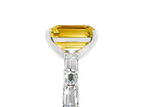 White gold Emerald Cut Yellow Sapphire Solitaire with Side Baguettes and Channel Set Band_29