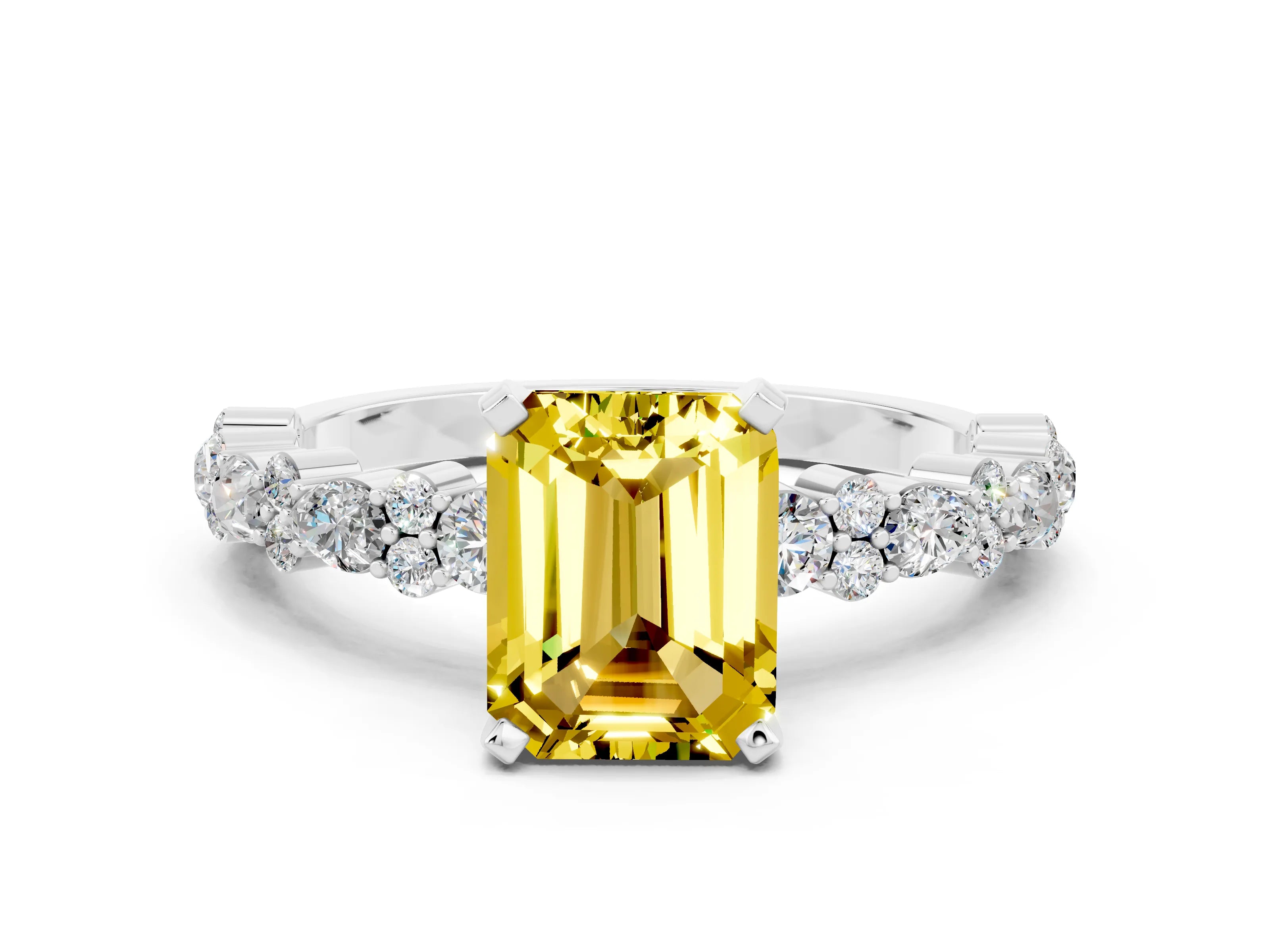 White gold Emerald Cut Yellow Sapphire Solitaire with Side Stones, Pave Band, Four-Prong Setting_72