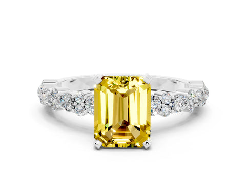 White gold Emerald Cut Yellow Sapphire Solitaire with Side Stones, Pave Band, Four-Prong Setting_72
