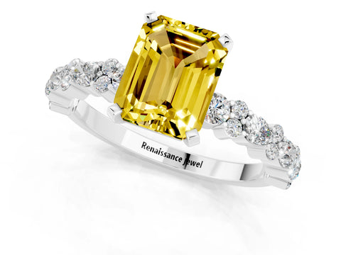 White gold Emerald Cut Yellow Sapphire Solitaire with Side Stones, Pave Band, Four-Prong Setting_73
