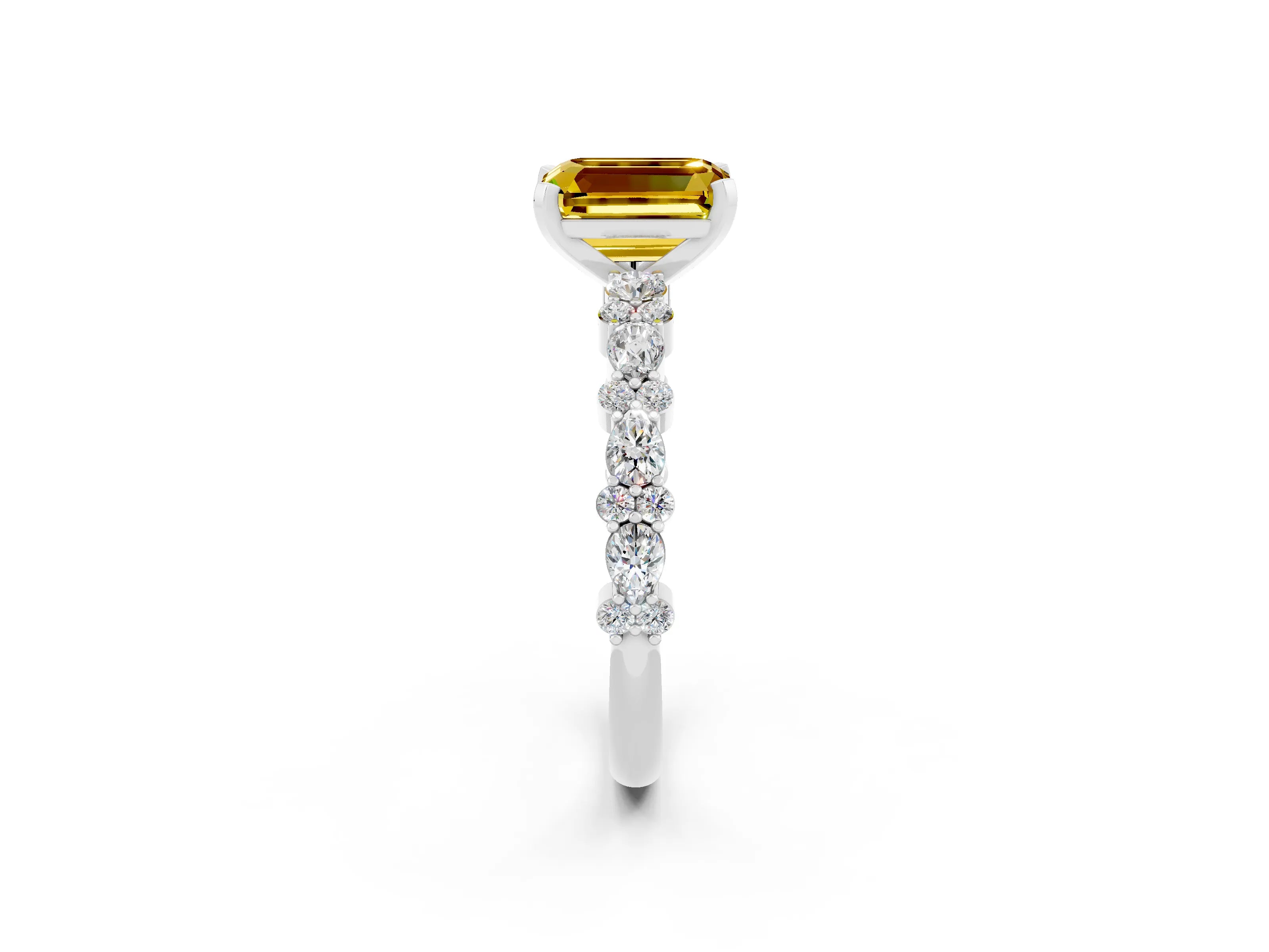 White gold Emerald Cut Yellow Sapphire Solitaire with Side Stones, Pave Band, Four-Prong Setting_74
