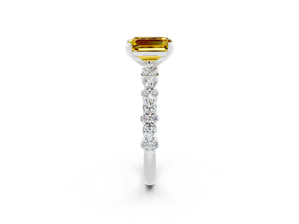 White gold Emerald Cut Yellow Sapphire Side Stone Solitaire Ring with Round  and Four-Prong Setting
