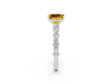 White gold Emerald Cut Yellow Sapphire Solitaire with Side Stones, Pave Band, Four-Prong Setting_74