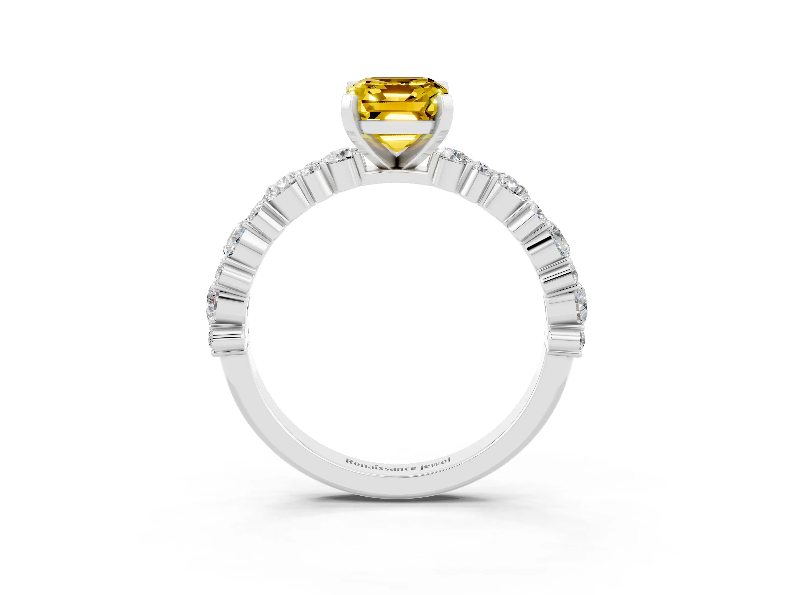 White gold Emerald Cut Yellow Sapphire Solitaire with Side Stones, Pave Band, Four-Prong Setting_75