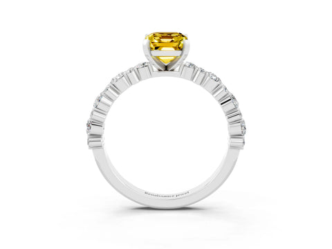 White gold Emerald Cut Yellow Sapphire Solitaire with Side Stones, Pave Band, Four-Prong Setting_75