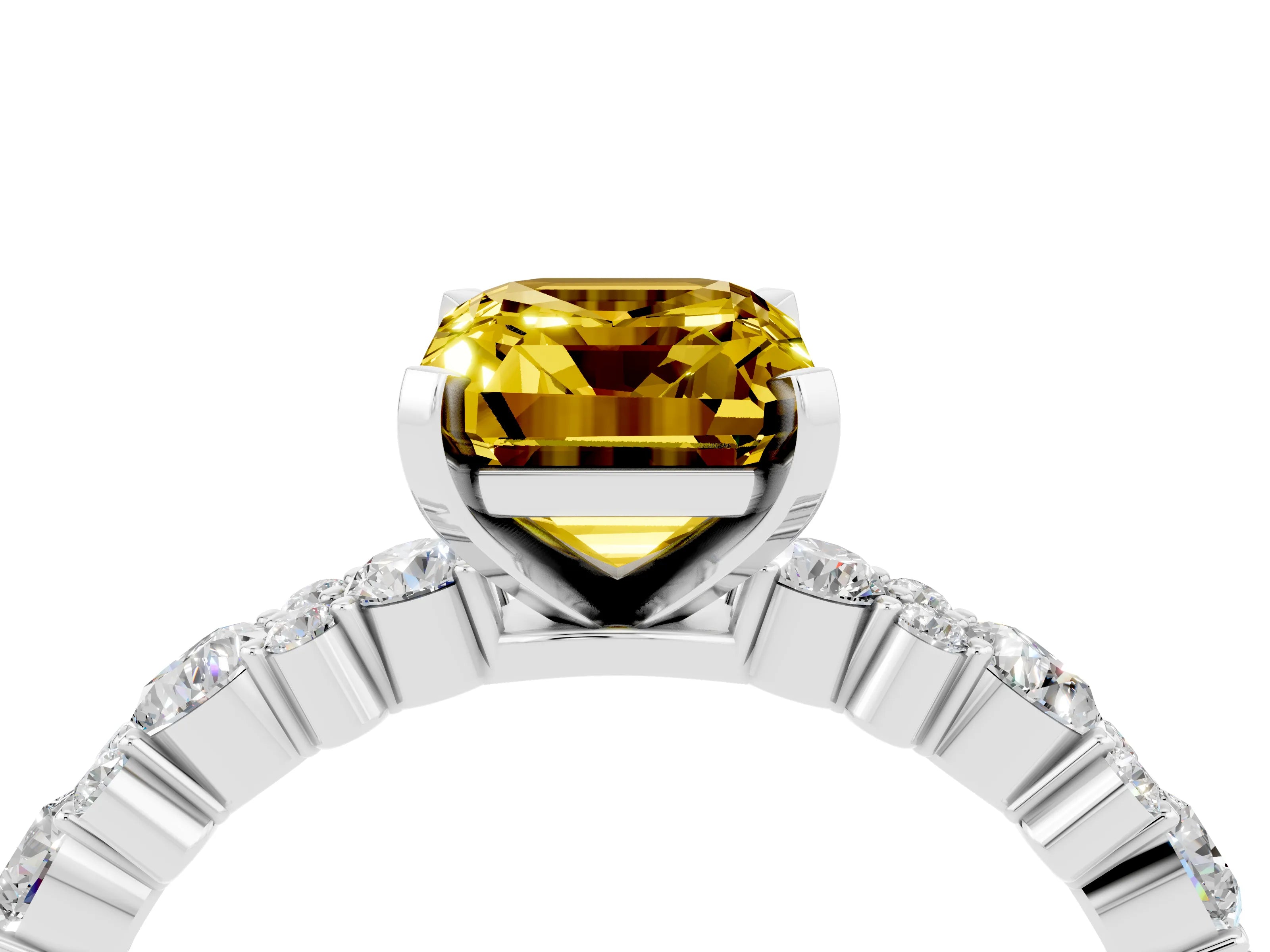 White gold Emerald Cut Yellow Sapphire Solitaire with Side Stones, Pave Band, Four-Prong Setting_76