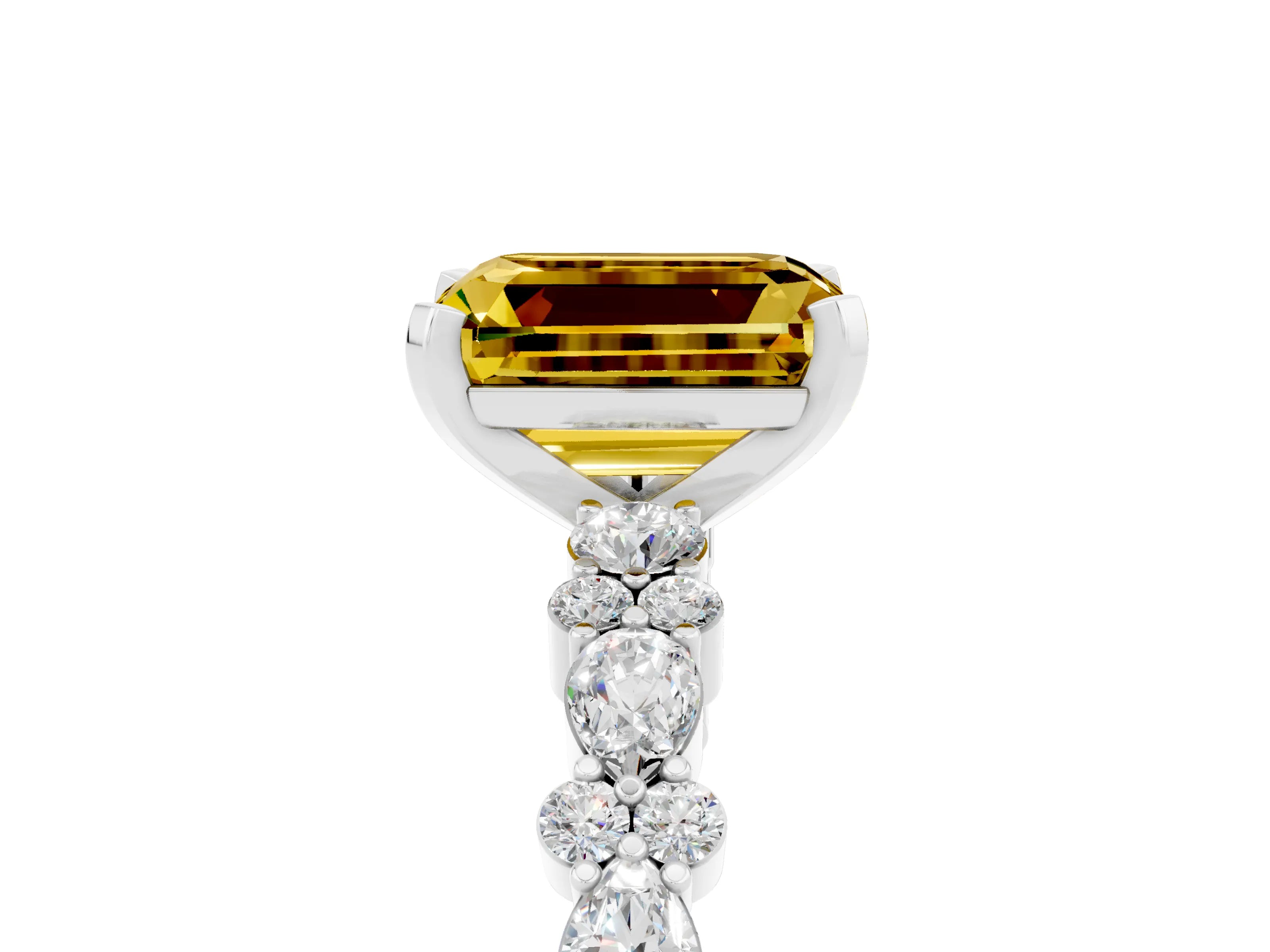 White gold Emerald Cut Yellow Sapphire Solitaire with Side Stones, Pave Band, Four-Prong Setting_77