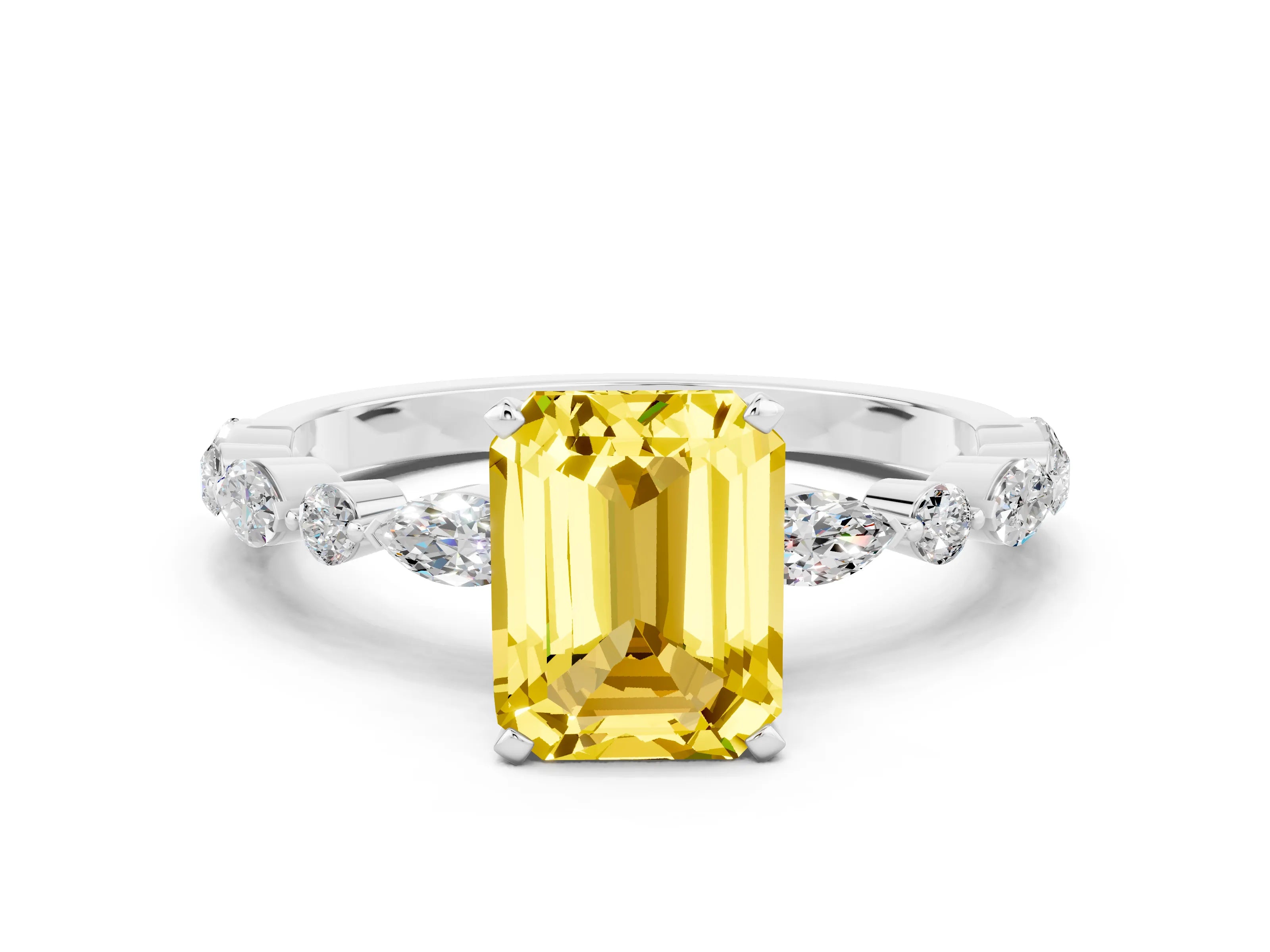 White gold Emerald Cut Yellow Sapphire Solitaire with Side Stones on a Pavé Band and Four-Prong Setting_24