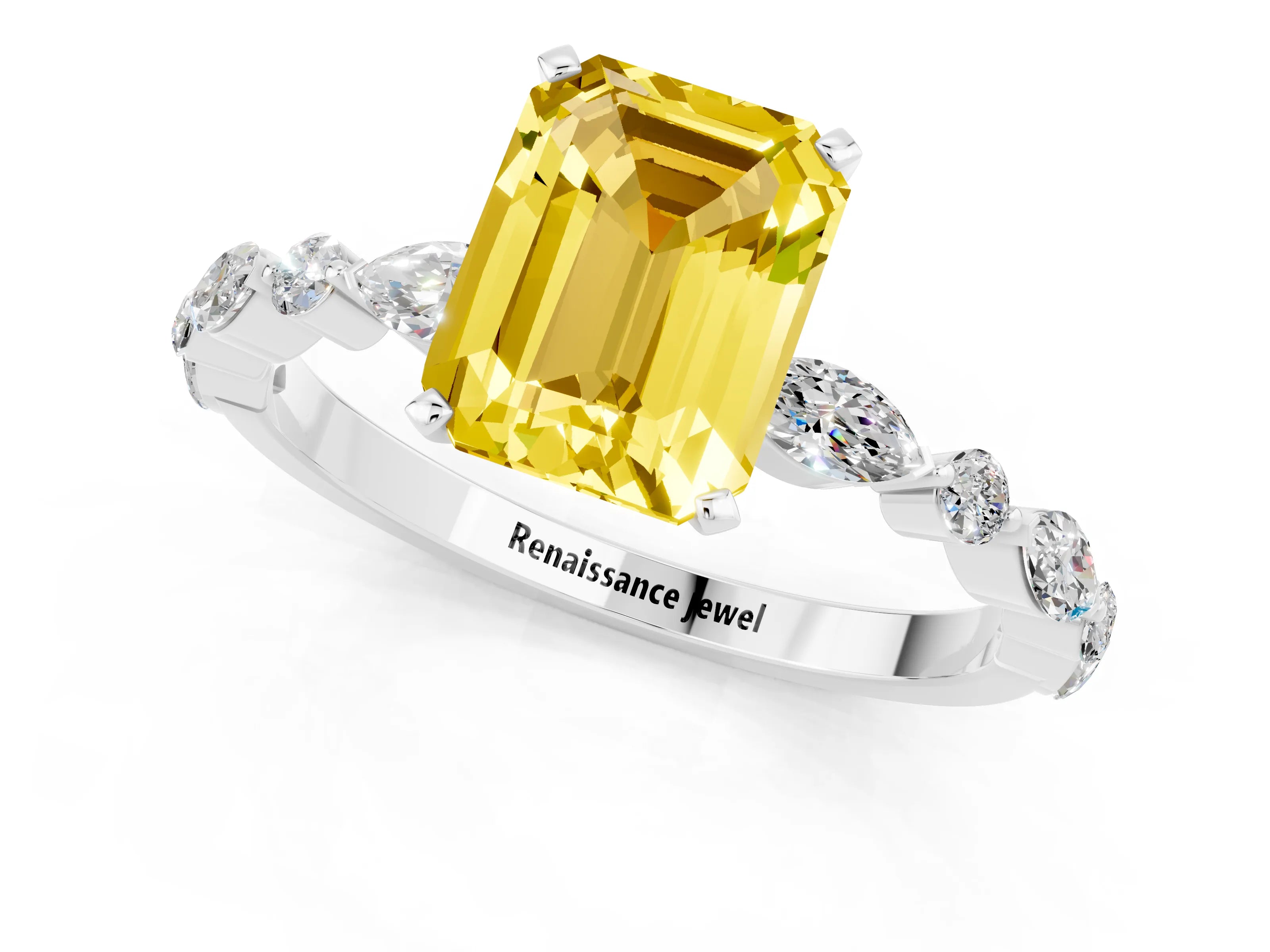 White gold Emerald Cut Yellow Sapphire Solitaire with Side Stones on a Pavé Band and Four-Prong Setting_25