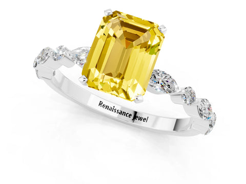 White gold Emerald Cut Yellow Sapphire Solitaire with Side Stones on a Pavé Band and Four-Prong Setting_25