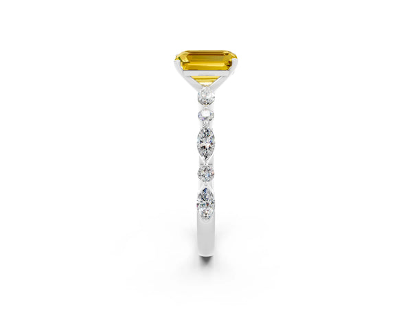 Platinum Emerald Cut Yellow Sapphire Ring with Marquise and Round  Side Stones and Four-Prong Setting