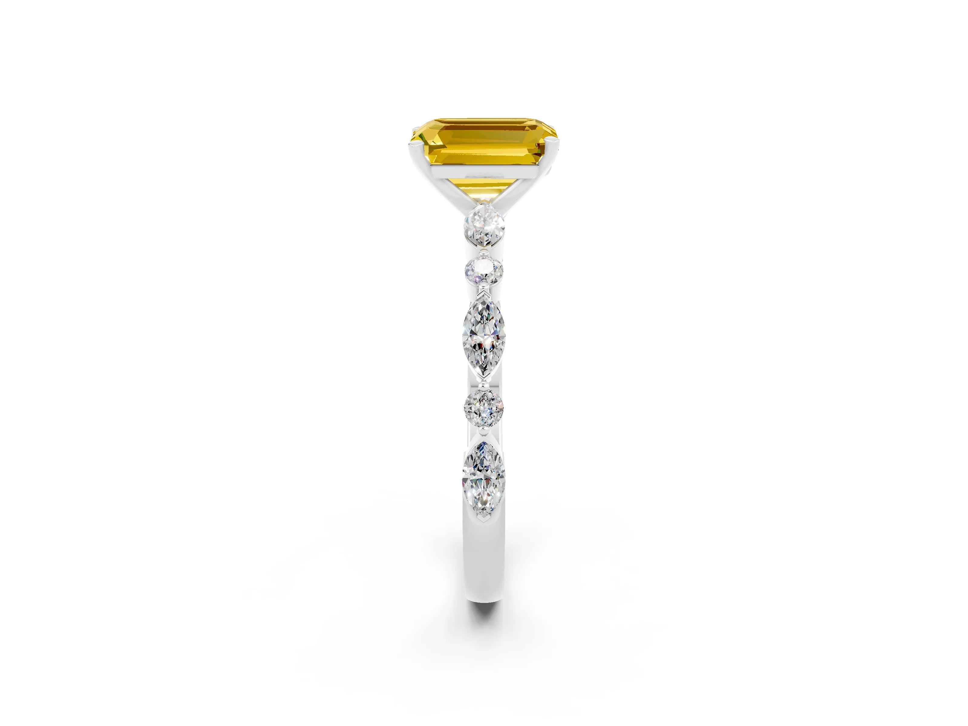White gold Emerald Cut Yellow Sapphire Solitaire with Side Stones on a Pavé Band and Four-Prong Setting_26