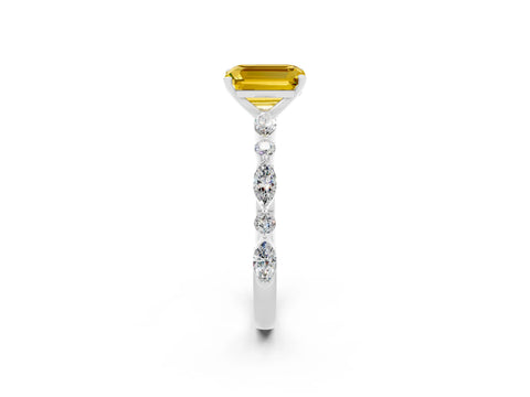 White gold Emerald Cut Yellow Sapphire Solitaire with Side Stones on a Pavé Band and Four-Prong Setting_26