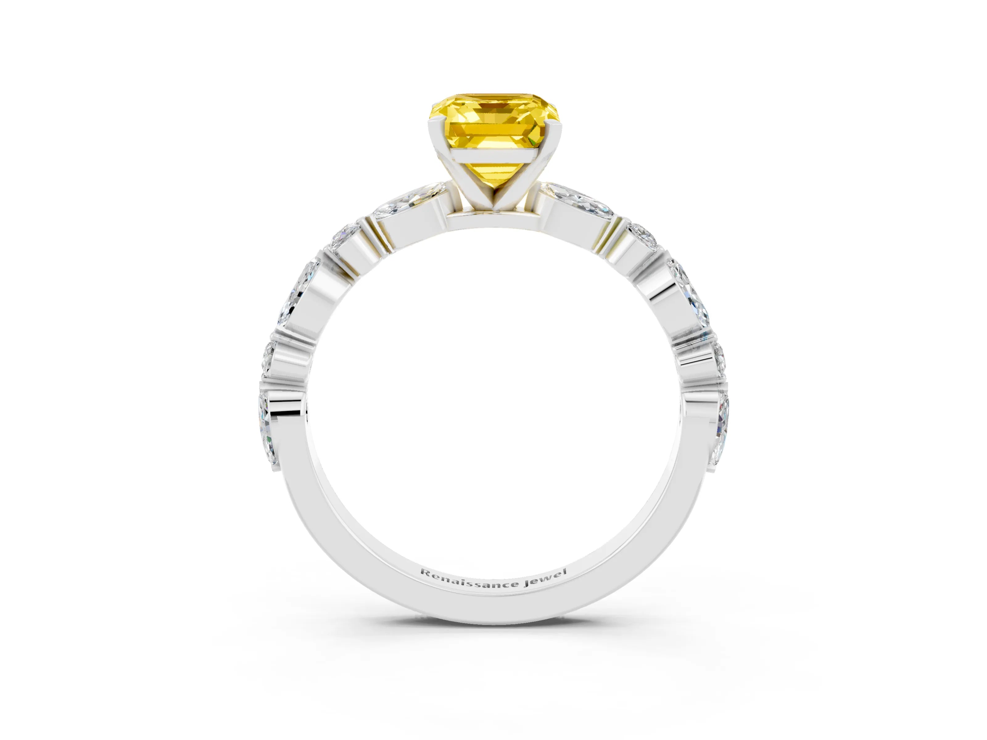 White gold Emerald Cut Yellow Sapphire Solitaire with Side Stones on a Pavé Band and Four-Prong Setting_27