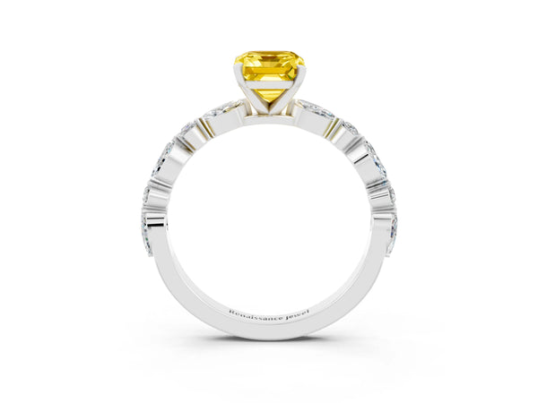 Silver Emerald Cut Yellow Sapphire Ring with Marquise and Round  Side Stones and Four-Prong Setting
