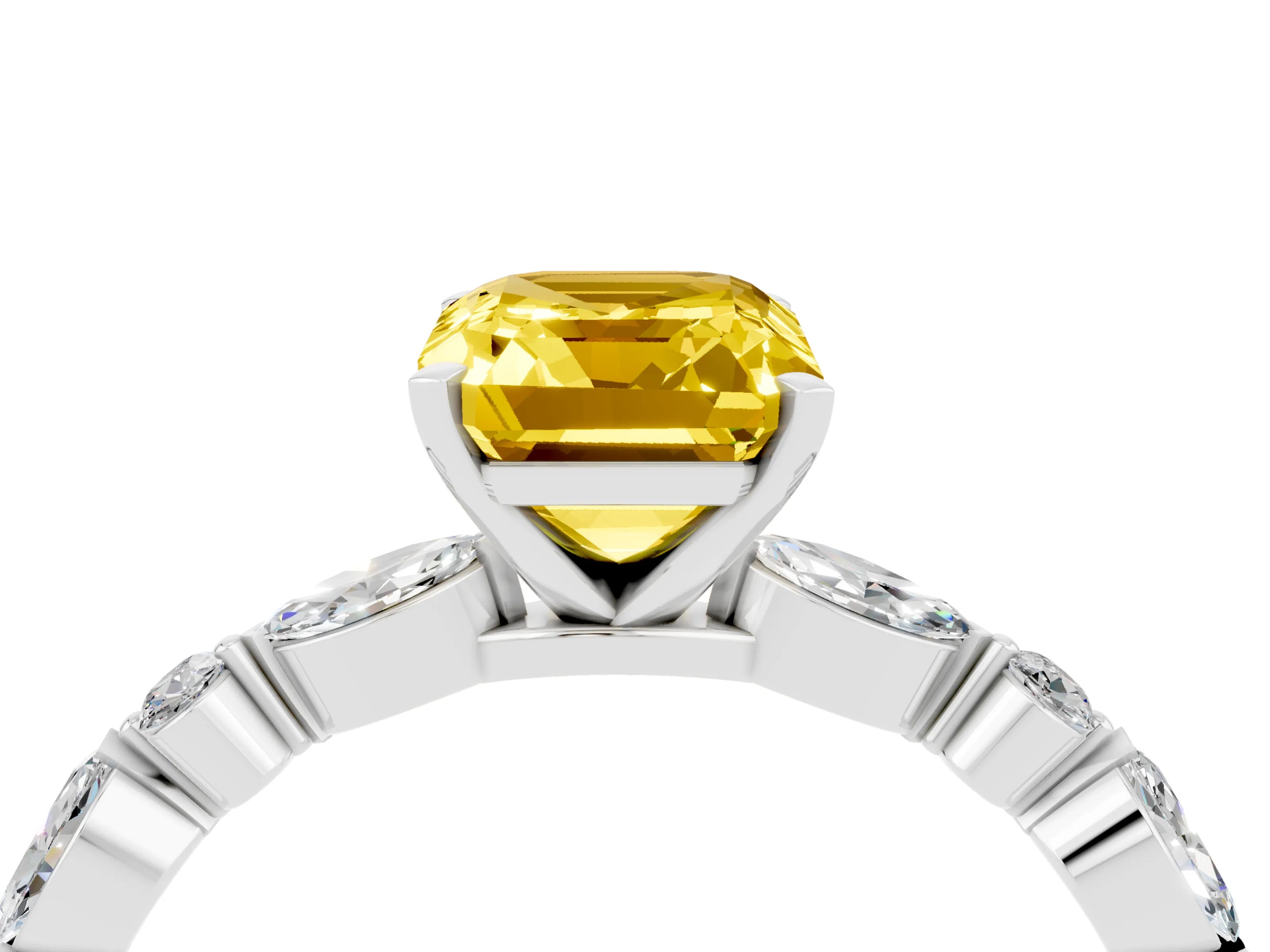 White gold Emerald Cut Yellow Sapphire Solitaire with Side Stones on a Pavé Band and Four-Prong Setting_28