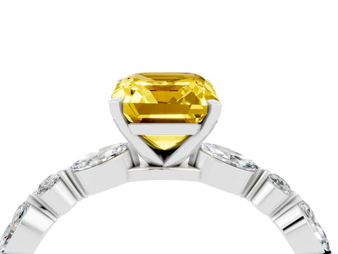 White gold Emerald Cut Yellow Sapphire Solitaire with Side Stones on a Pavé Band and Four-Prong Setting_28