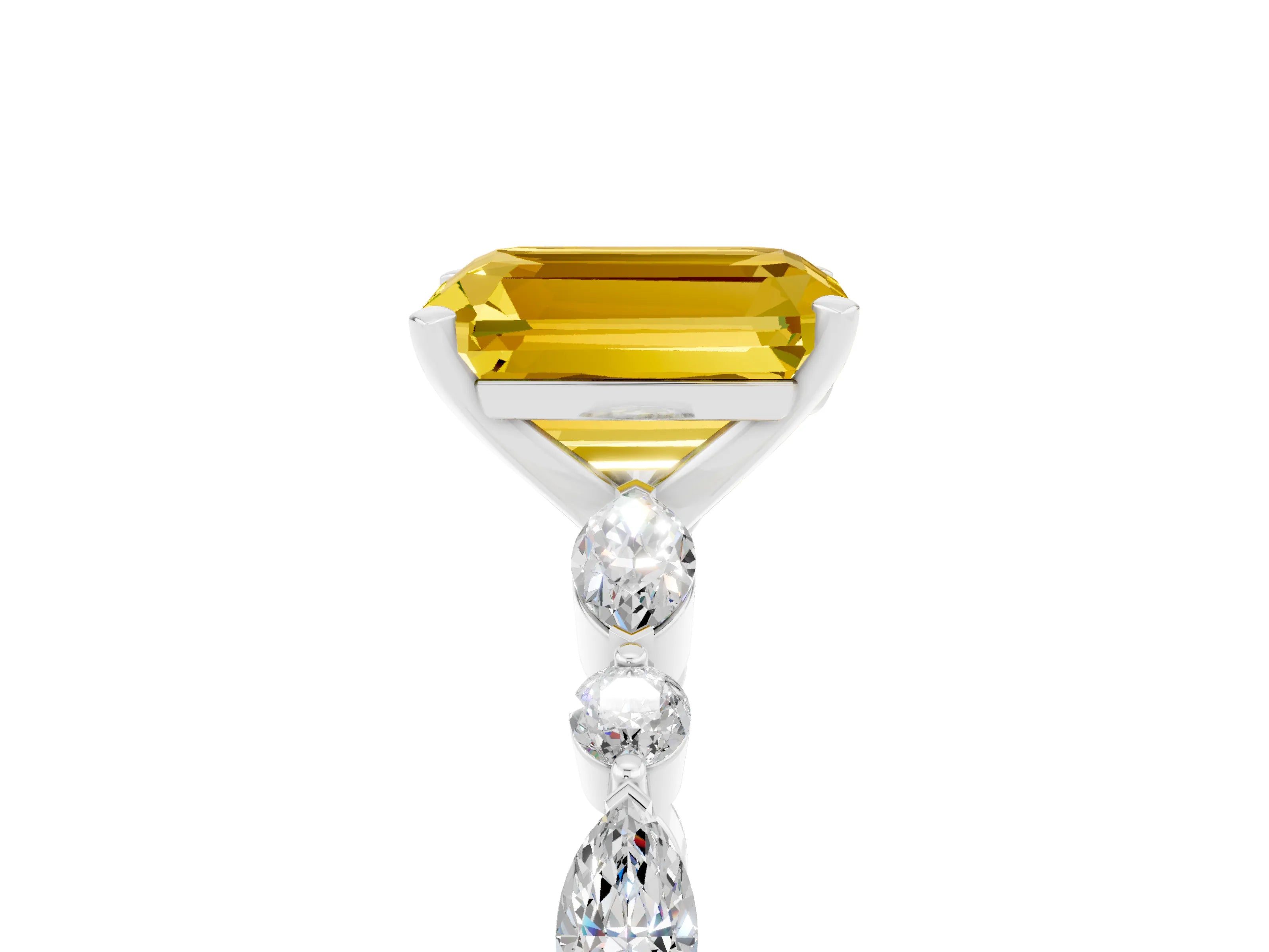White gold Emerald Cut Yellow Sapphire Solitaire with Side Stones on a Pavé Band and Four-Prong Setting_29