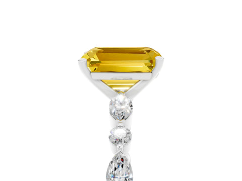 White gold Emerald Cut Yellow Sapphire Solitaire with Side Stones on a Pavé Band and Four-Prong Setting_29