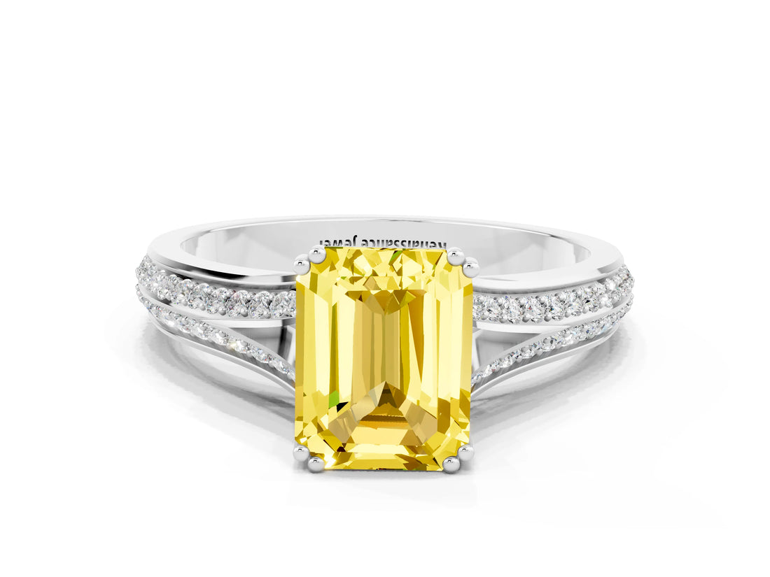 White gold Emerald Cut Yellow Sapphire Split Shank Engagement Ring with Pavé Band_24