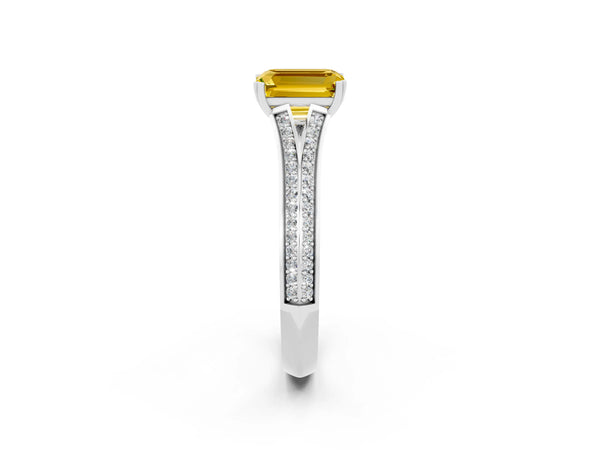 Platinum Emerald Cut Yellow Sapphire Split Shank Engagement Ring with Pavé Band