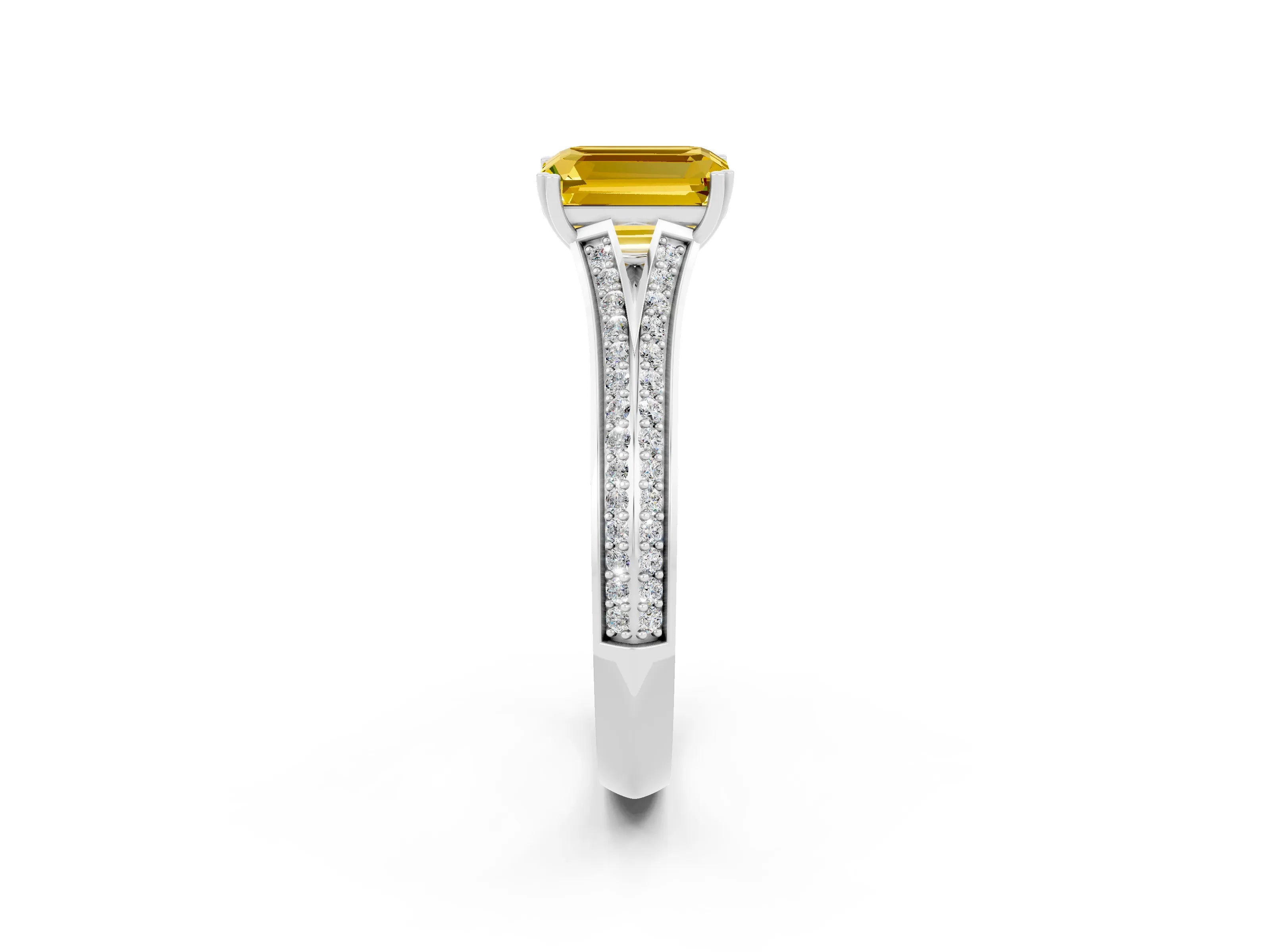 White gold Emerald Cut Yellow Sapphire Split Shank Engagement Ring with Pavé Band_26
