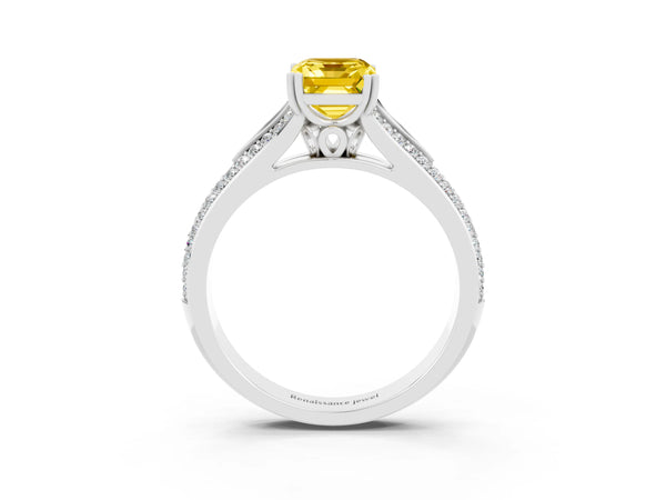 Silver Emerald Cut Yellow Sapphire Split Shank Engagement Ring with Pavé Band