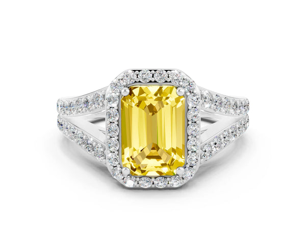 Silver Emerald Cut Yellow Sapphire Split Shank Halo Ring with Four-Prong Setting