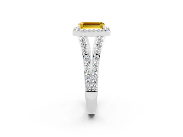 Silver Emerald Cut Yellow Sapphire Split Shank Halo Ring with Four-Prong Setting