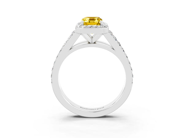 Platinum Emerald Cut Yellow Sapphire Split Shank Halo Ring with Four-Prong Setting