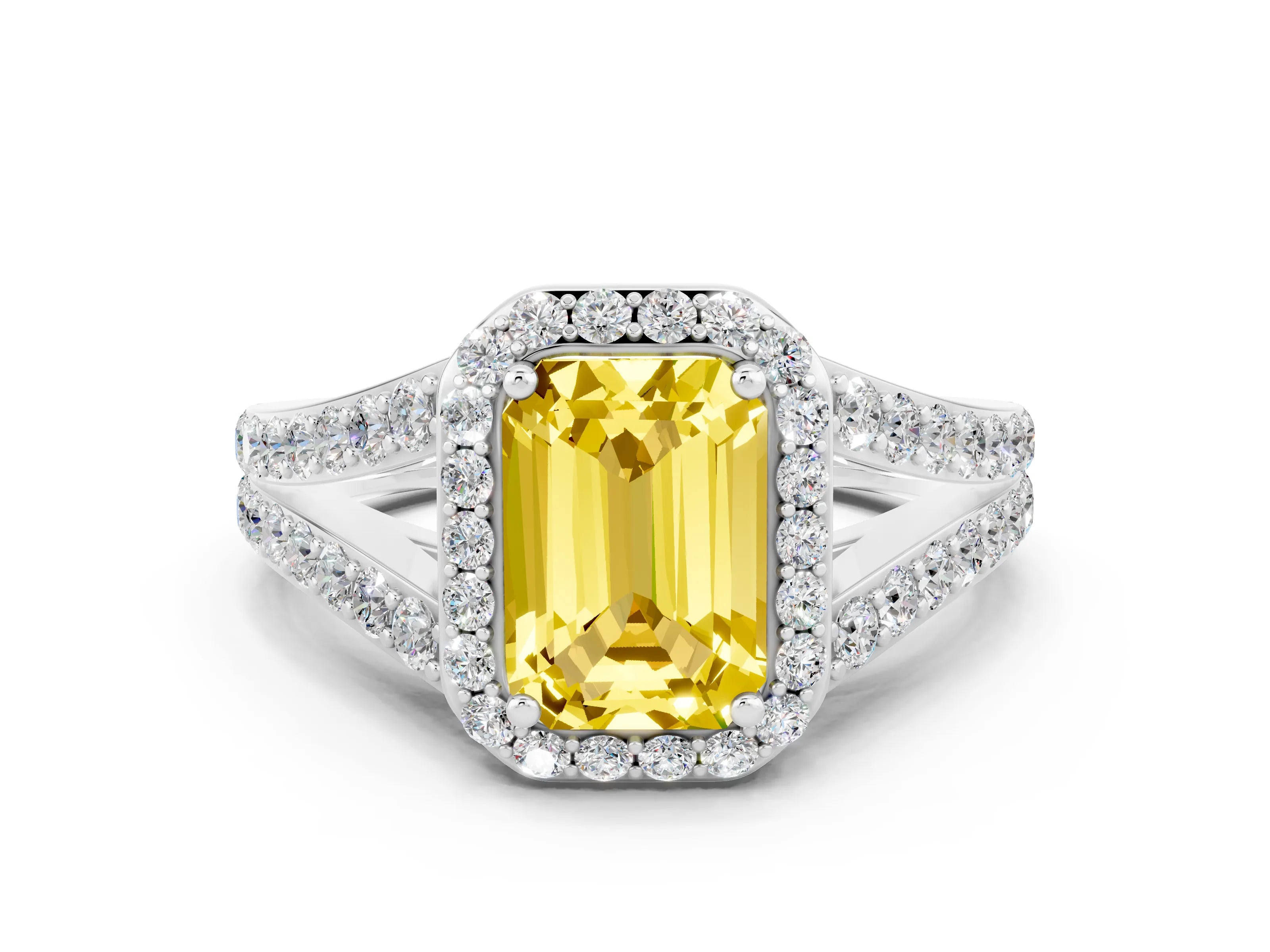 White gold Emerald Cut Yellow Sapphire Split Shank Halo Ring with Four-Prong Setting_16