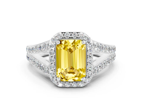 White gold Emerald Cut Yellow Sapphire Split Shank Halo Ring with Four-Prong Setting_16