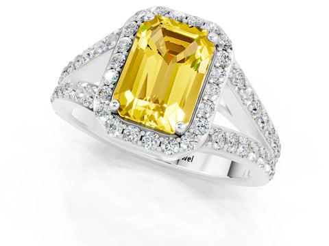 White gold Emerald Cut Yellow Sapphire Split Shank Halo Ring with Four-Prong Setting_17