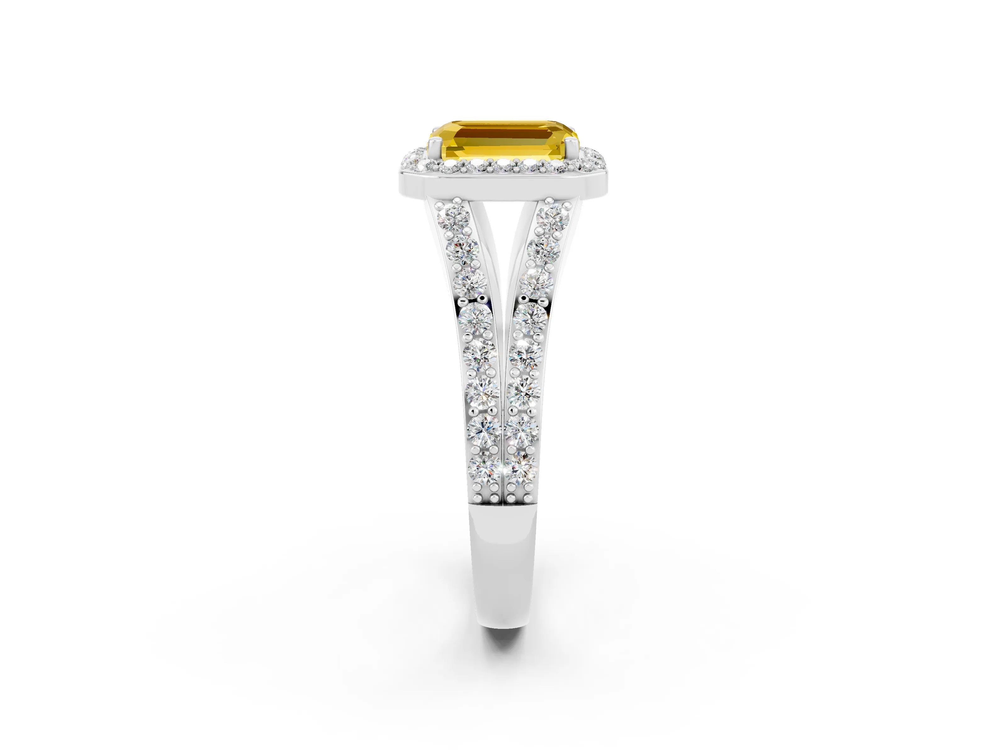 White gold Emerald Cut Yellow Sapphire Split Shank Halo Ring with Four-Prong Setting_18