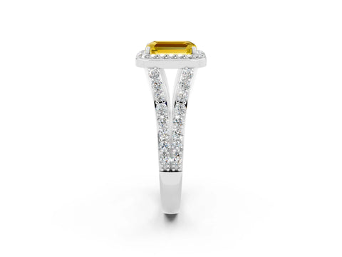 White gold Emerald Cut Yellow Sapphire Split Shank Halo Ring with Four-Prong Setting_18