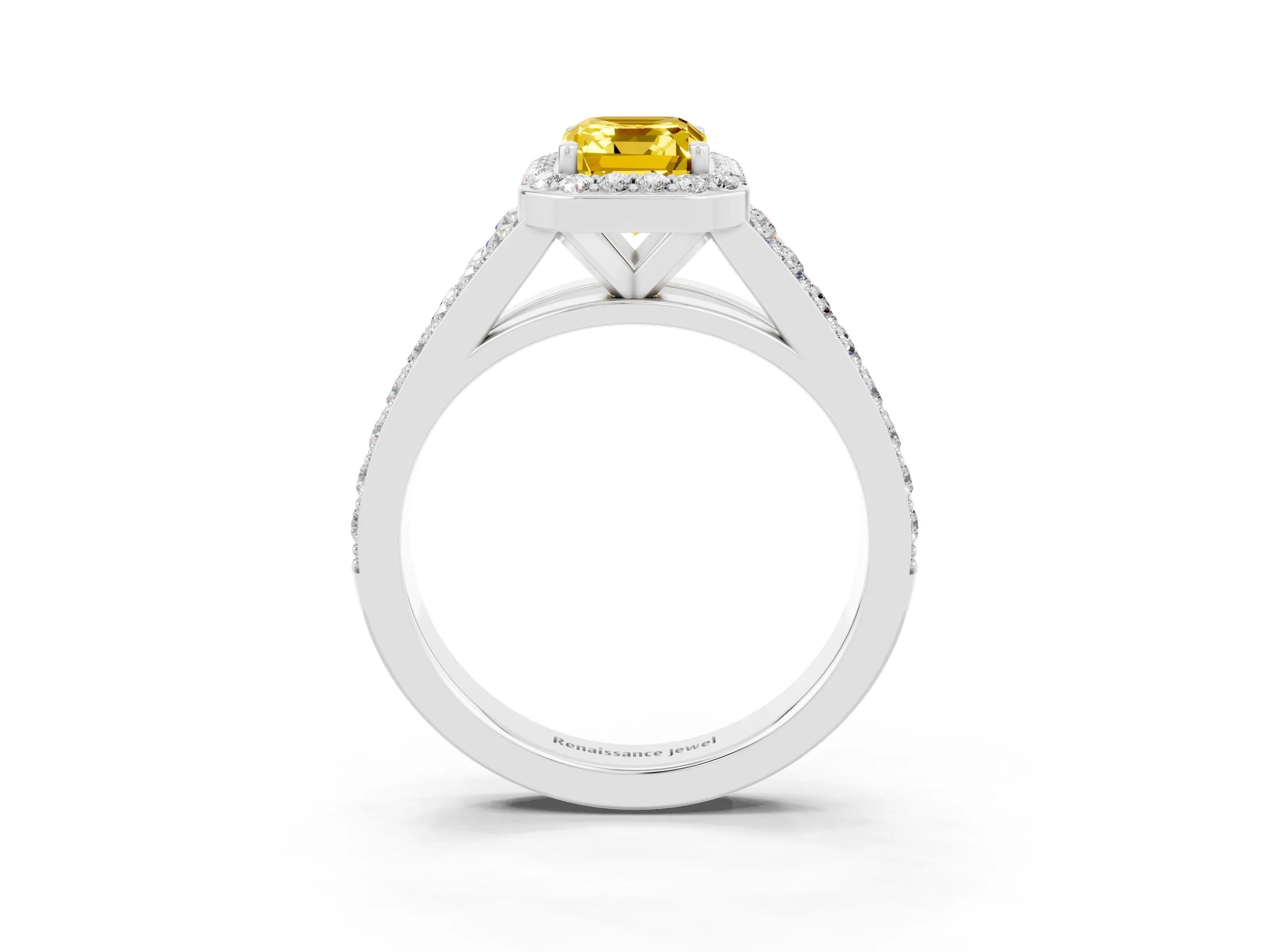 White gold Emerald Cut Yellow Sapphire Split Shank Halo Ring with Four-Prong Setting_19