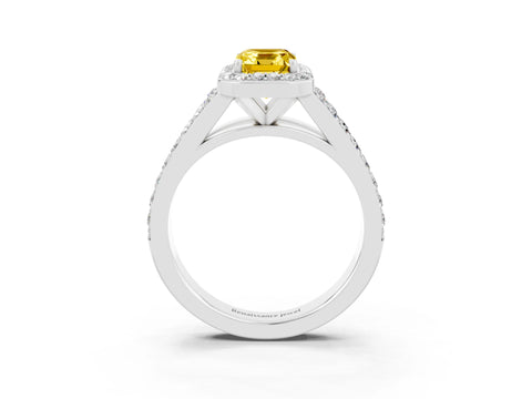 White gold Emerald Cut Yellow Sapphire Split Shank Halo Ring with Four-Prong Setting_19