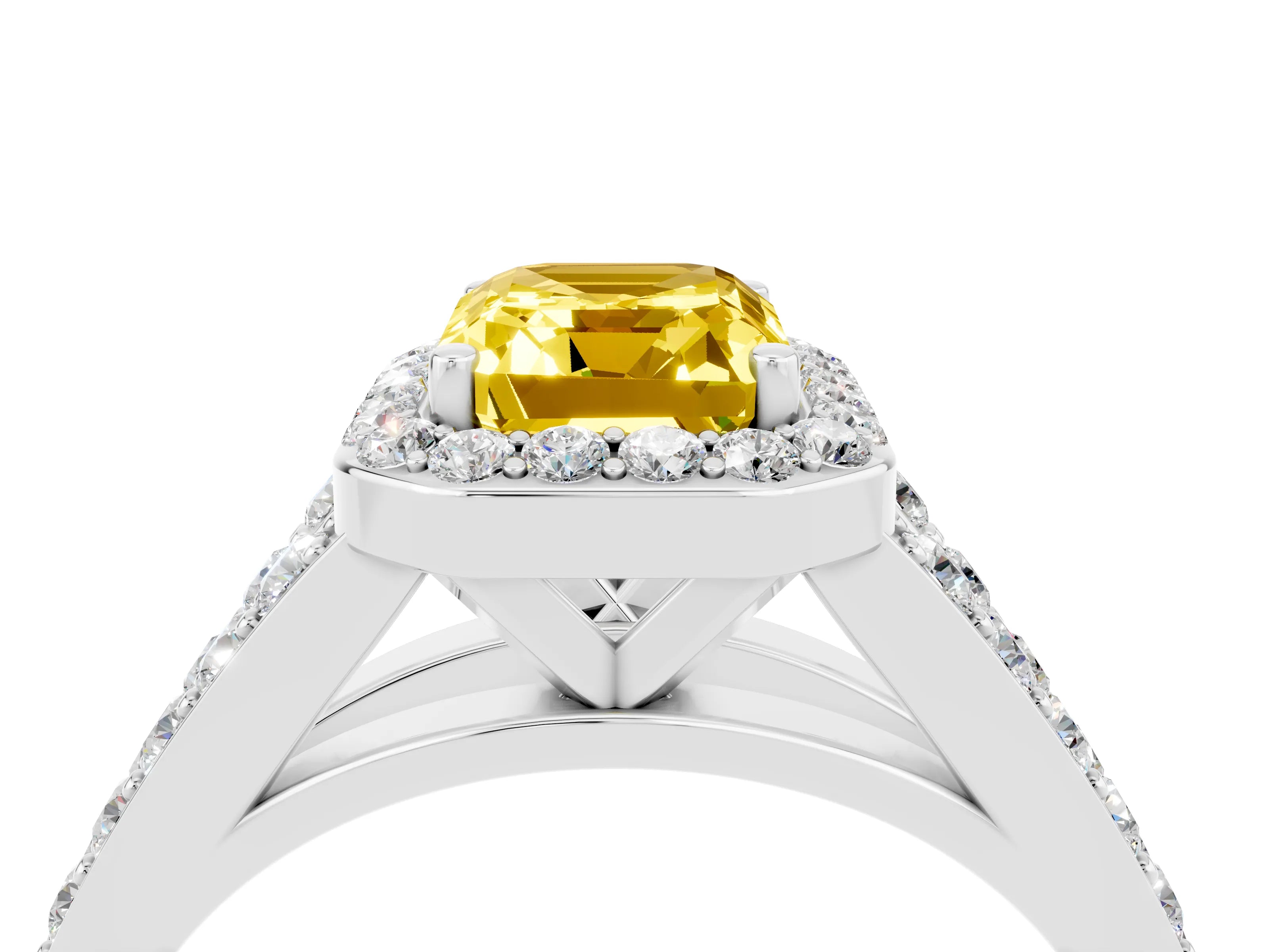 White gold Emerald Cut Yellow Sapphire Split Shank Halo Ring with Four-Prong Setting_20