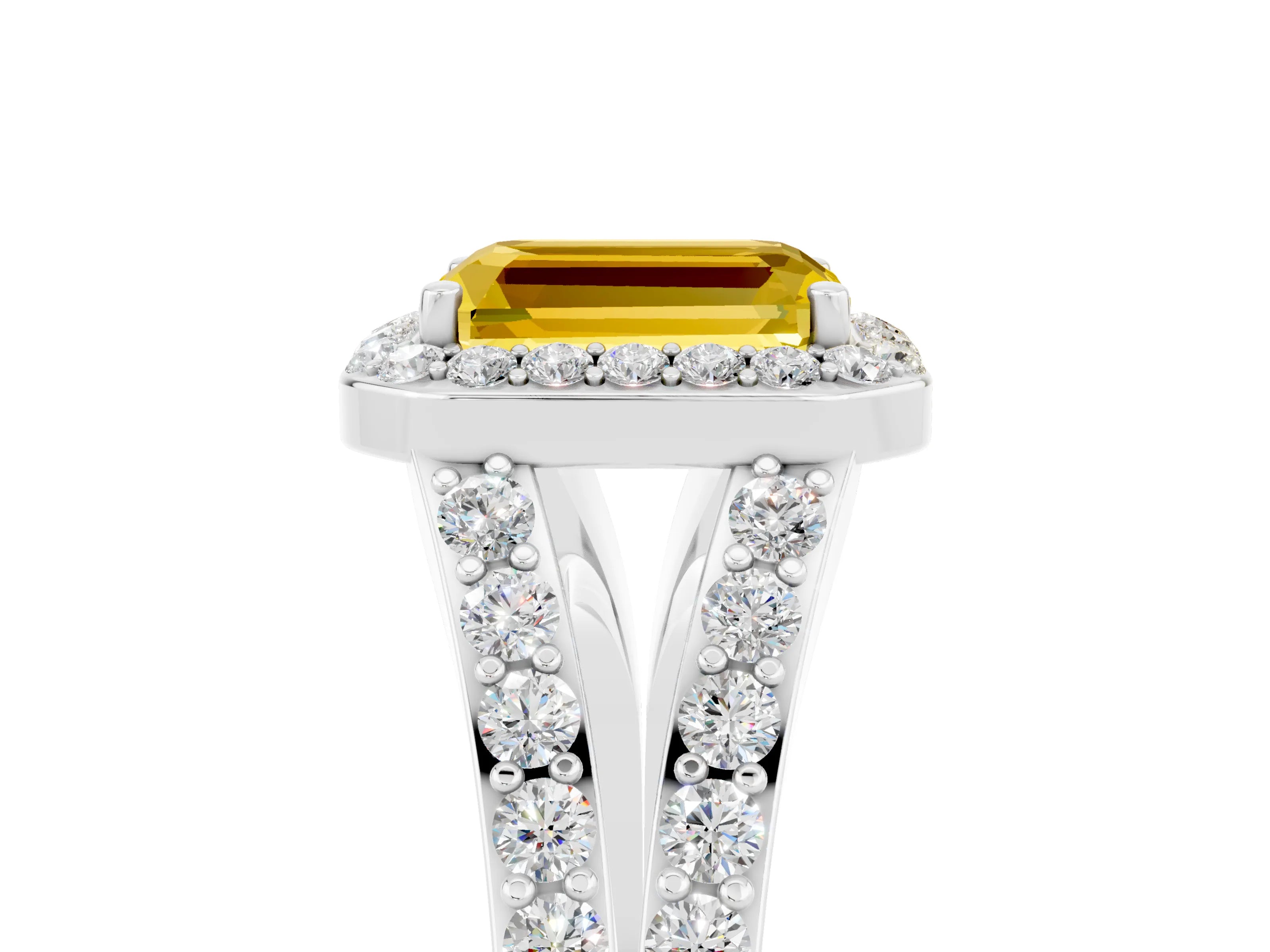 White gold Emerald Cut Yellow Sapphire Split Shank Halo Ring with Four-Prong Setting_21