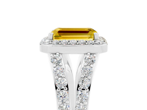 White gold Emerald Cut Yellow Sapphire Split Shank Halo Ring with Four-Prong Setting_21