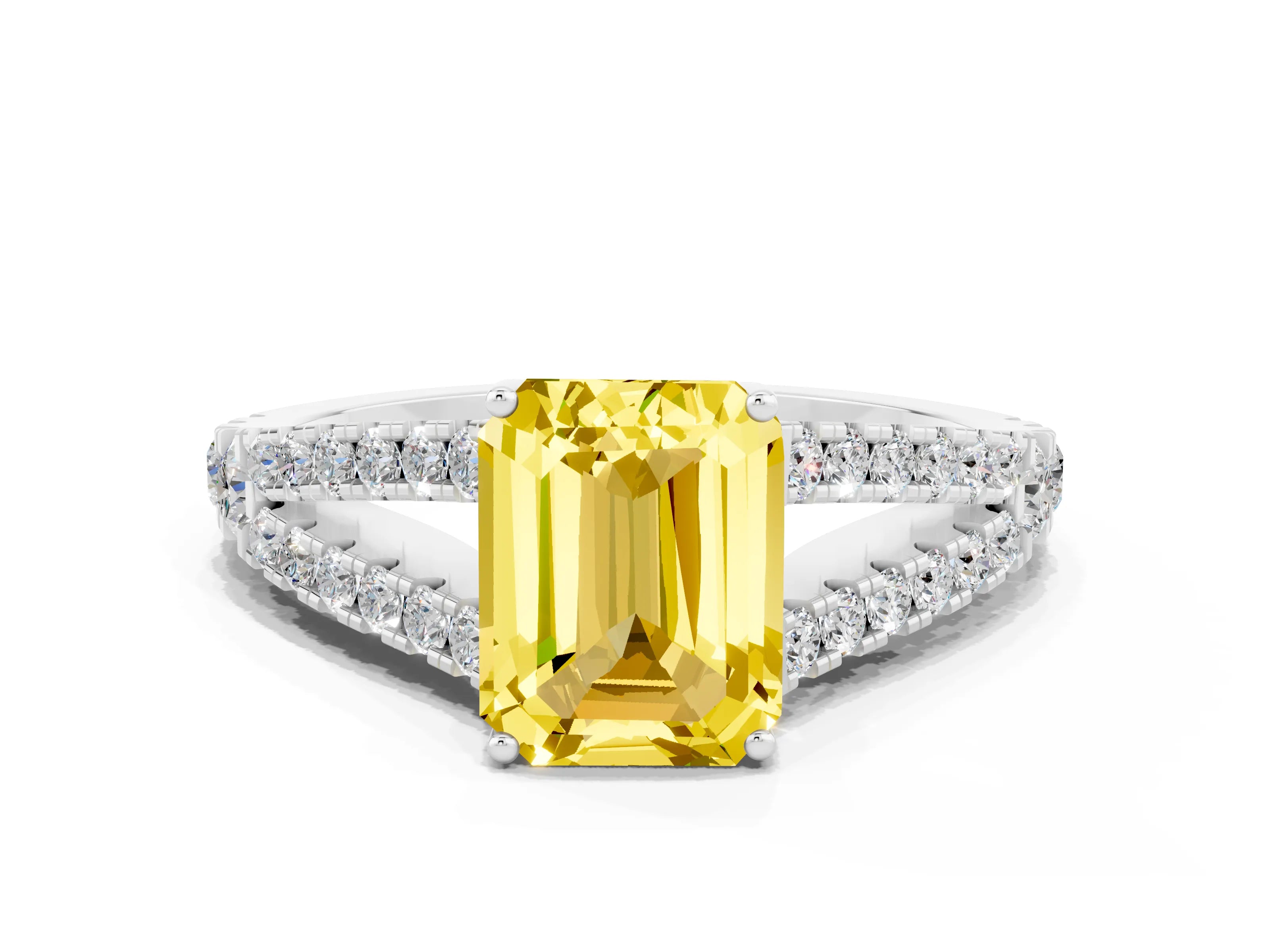 White gold Emerald Cut Yellow Sapphire Split Shank Pavé Engagement Ring with Four-Prong Setting_12