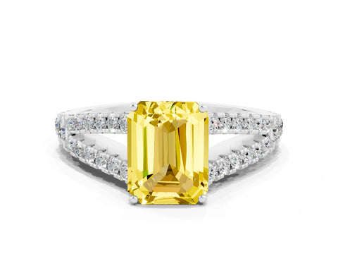 White gold Emerald Cut Yellow Sapphire Split Shank Pavé Engagement Ring with Four-Prong Setting_12