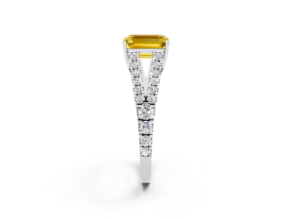 Platinum Emerald Cut Yellow Sapphire Split Shank Pavé Engagement Ring with Four-Prong Setting