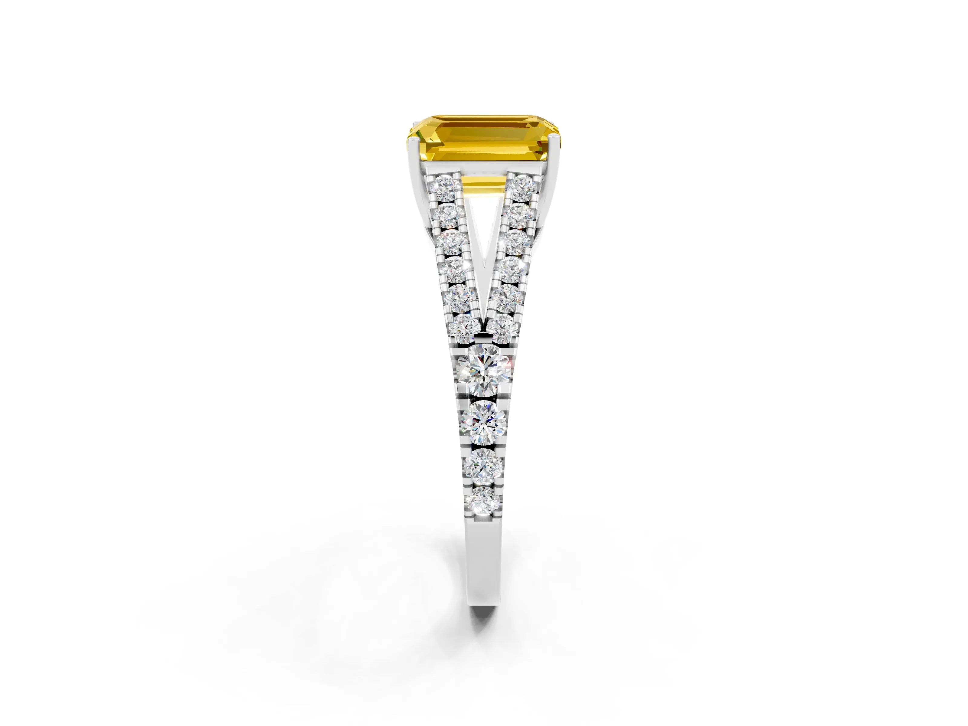 White gold Emerald Cut Yellow Sapphire Split Shank Pavé Engagement Ring with Four-Prong Setting_14