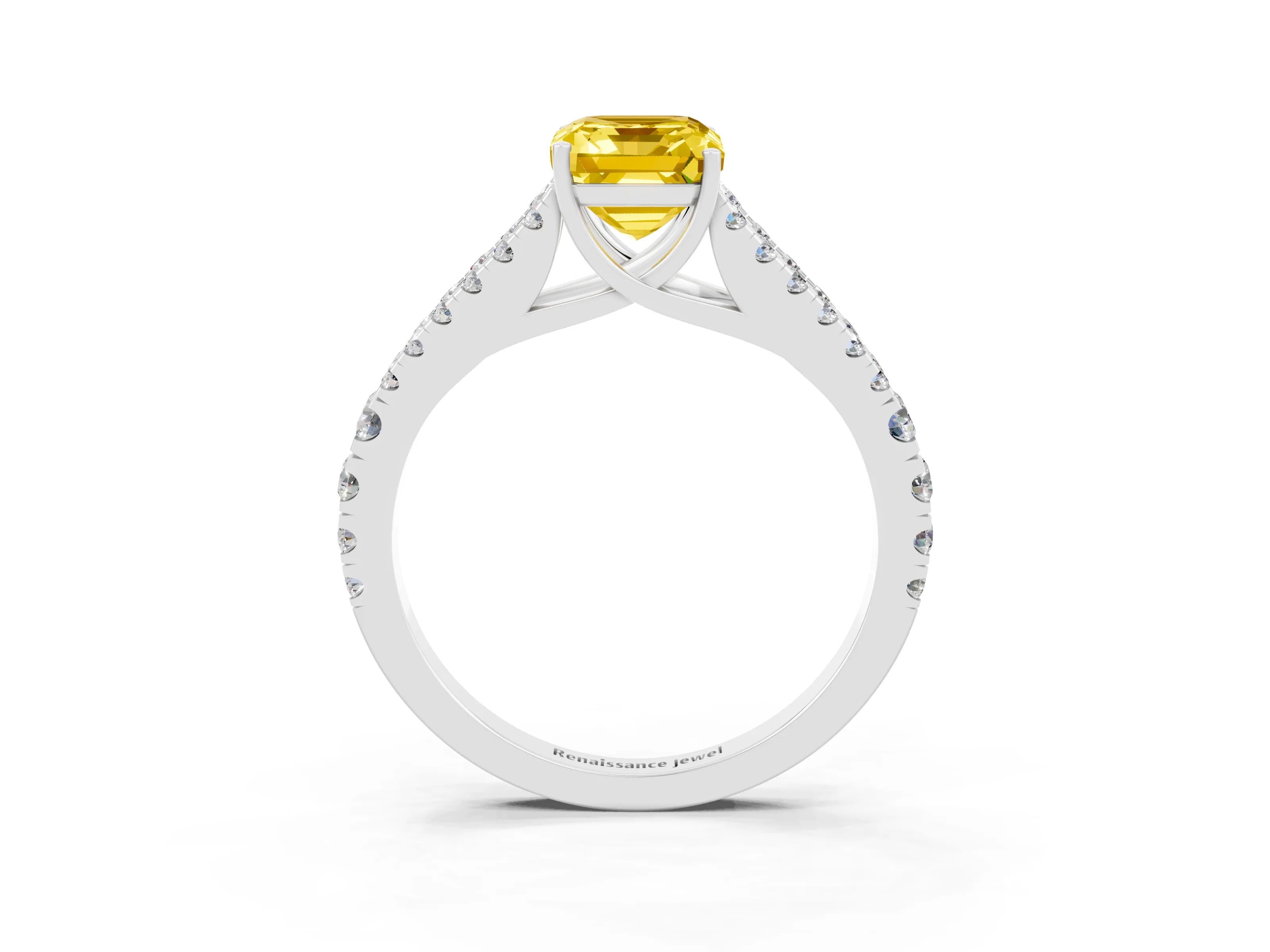 White gold Emerald Cut Yellow Sapphire Split Shank Pavé Engagement Ring with Four-Prong Setting_15