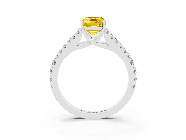 White gold Emerald Cut Yellow Sapphire Split Shank Pavé Engagement Ring with Four-Prong Setting