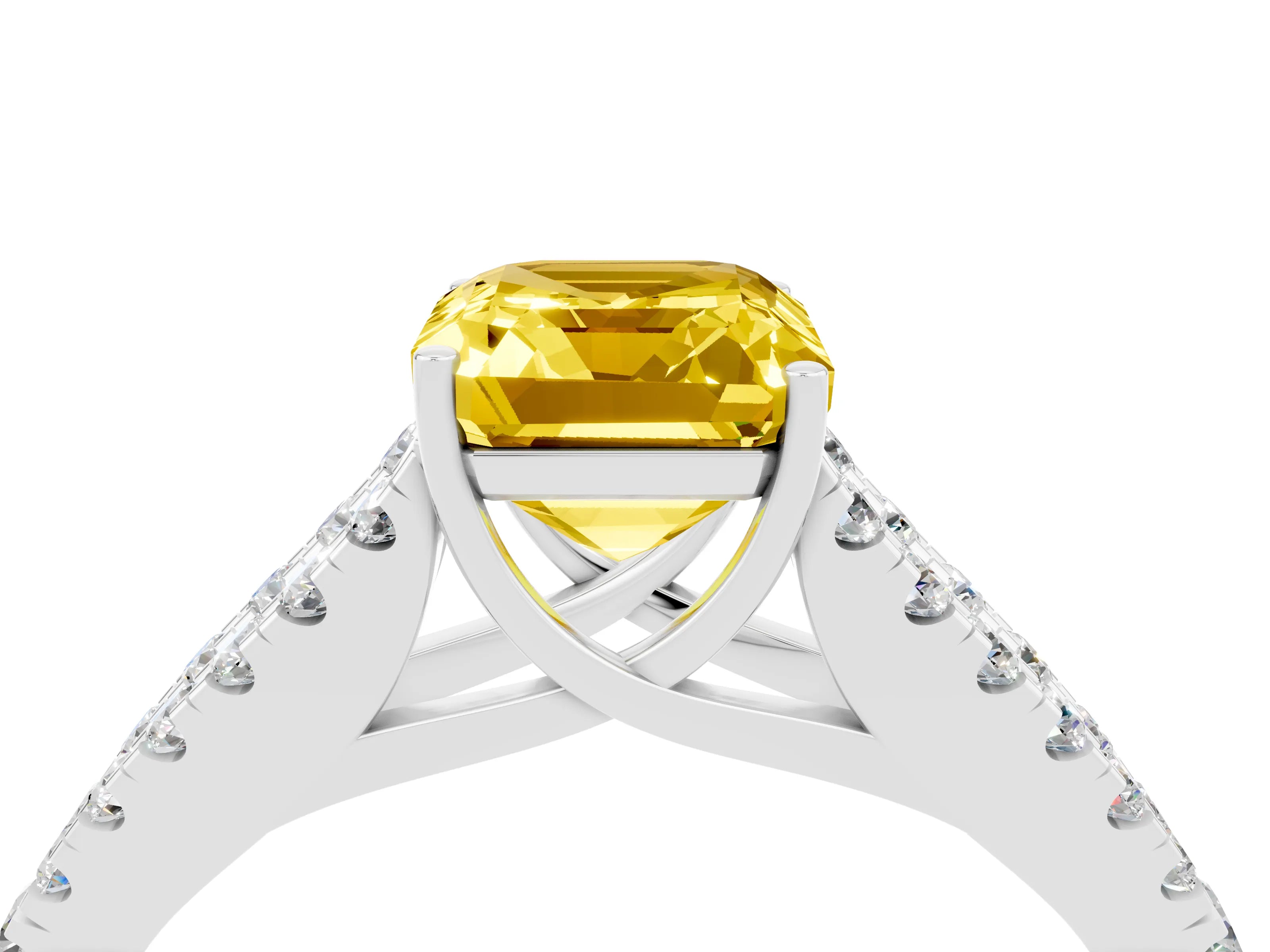 White gold Emerald Cut Yellow Sapphire Split Shank Pavé Engagement Ring with Four-Prong Setting_16