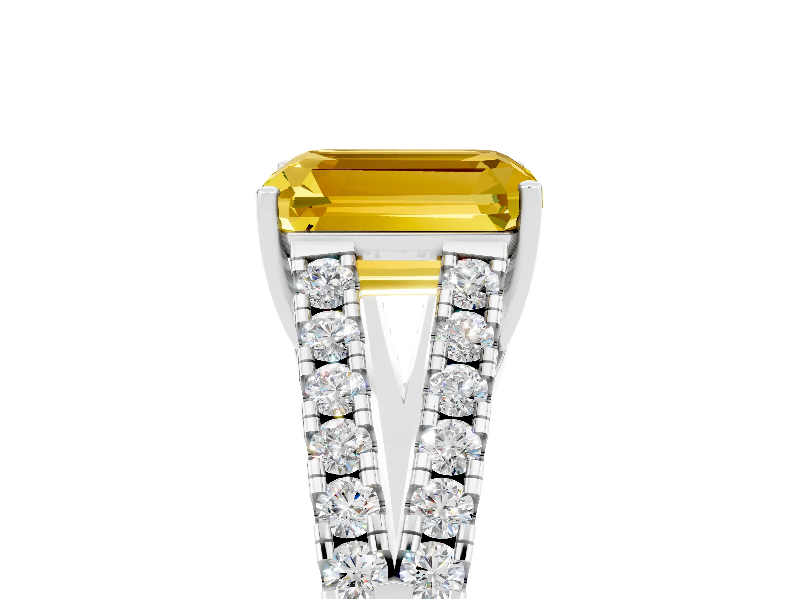 White gold Emerald Cut Yellow Sapphire Split Shank Pavé Engagement Ring with Four-Prong Setting_17